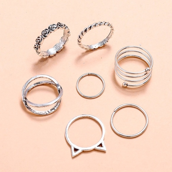 Any 2/$20! Set 7 Antiqued Silver Boho Midi Rings - Picture 2 of 7